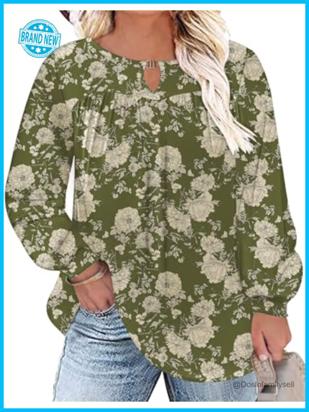 Plus Size Long Sleeve Pleated Keyhole V Neck Tunic Blouse Loose Work Top